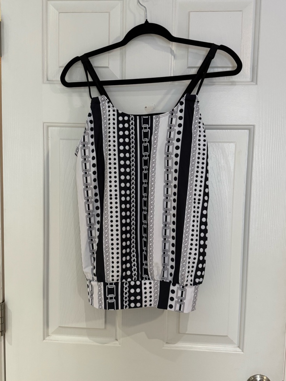 Black & White Striped Print Swim Cami with Chain Motif